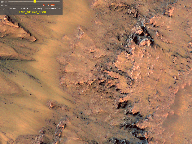 Recurring slope lineae observed in HiRISE images of Mars. The RSL form on Sun facing slopes during warm season and fade during cold season. 